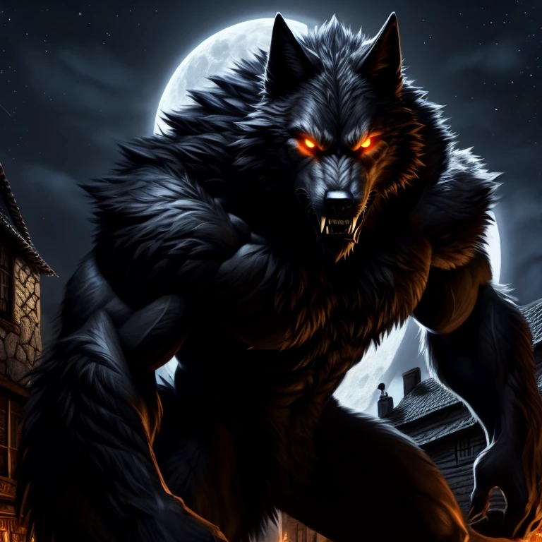 50 meter huge werewolf with a detailed black furred body and amber glowing eyes with, snarling, fangs, wolf tail, towering over the houses of a village, night time, portrait with shoulders and chest, semi side angle,