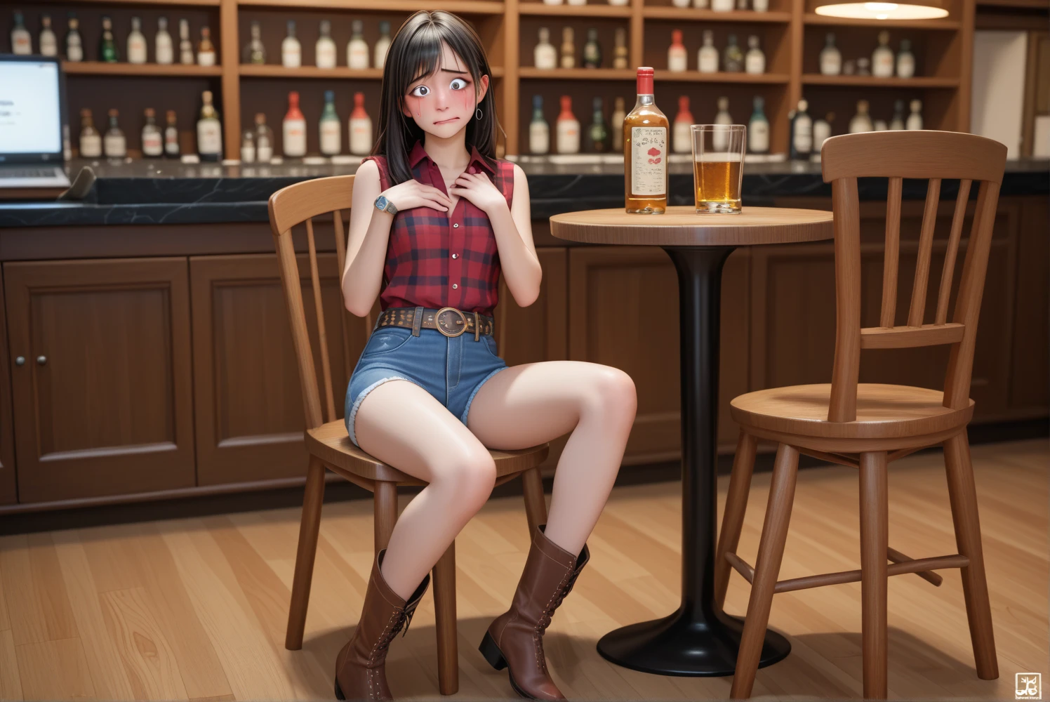 Beautiful girl, 21 years old, russian, realistic, cute, wasted, drunk, pub, bar, sitting on bar stool, wetting, wetting a lot, pee dripping, pee puddle, too drunk to notice, unaware, nonchalant,