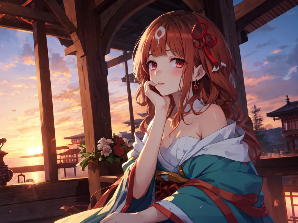 Solo, 1 Girl, (Human Ear, Earring), (Long Hair, Hair Accessory), (Anime Face), (Woman Sitting, Hands on Head), (Red and White Shrine Maiden Outfit), (Sunset Sky, Sunset Sun, Evening Sky), (Focus on Chest, Oblique Angle), (High Resolution, Masterpiece, Accurate, Anatomically Correct, Multiple Awards, Top Quality, Detailed, High Quality Model, High Quality, Quality, Retina, Highly Detailed, Textured Skin, Ultra High Resolution).