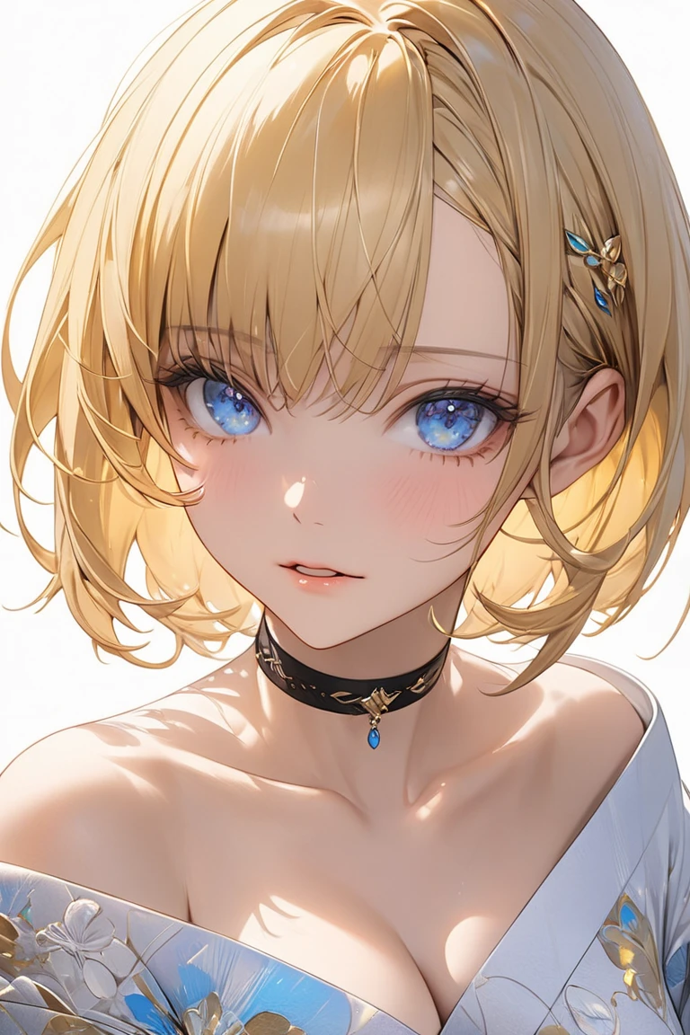 face details,semi realistic, Masterpiece, Master work, perfect , 4k, 1woman, medium size breast, short hair, middle parted hair style, yellow colored hair, bright blue eyes, sleepy expression face, parted lips, choker,wearing open kimono, sideboob, sleeveless, collarbone, standing pose, empty background, white background,  high res, ultrasharp, 8K, masterpiece, looking at the viewer (masterpiece), best quality, expressive eyes, perfect face