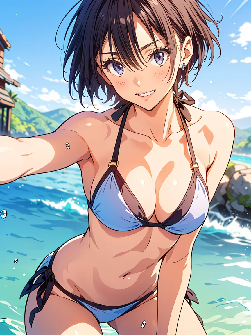 Photogenic, sexy bikini、Detailed Swimsuit、Ocean、sunlight、Best lighting、Large Breasts、Firm Skin、Sweat、smile、Gold bracelet,Sunburn、Hold your chest from the sides with both hands、ponytail