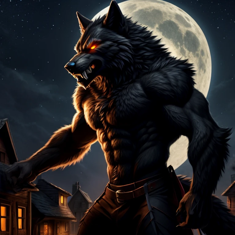 50 meter huge werewolf with a detailed black furred body and amber glowing eyes with, snarling, fangs, wolf tail, towering over the houses of a village, night time, portrait with shoulders and chest, semi side angle,