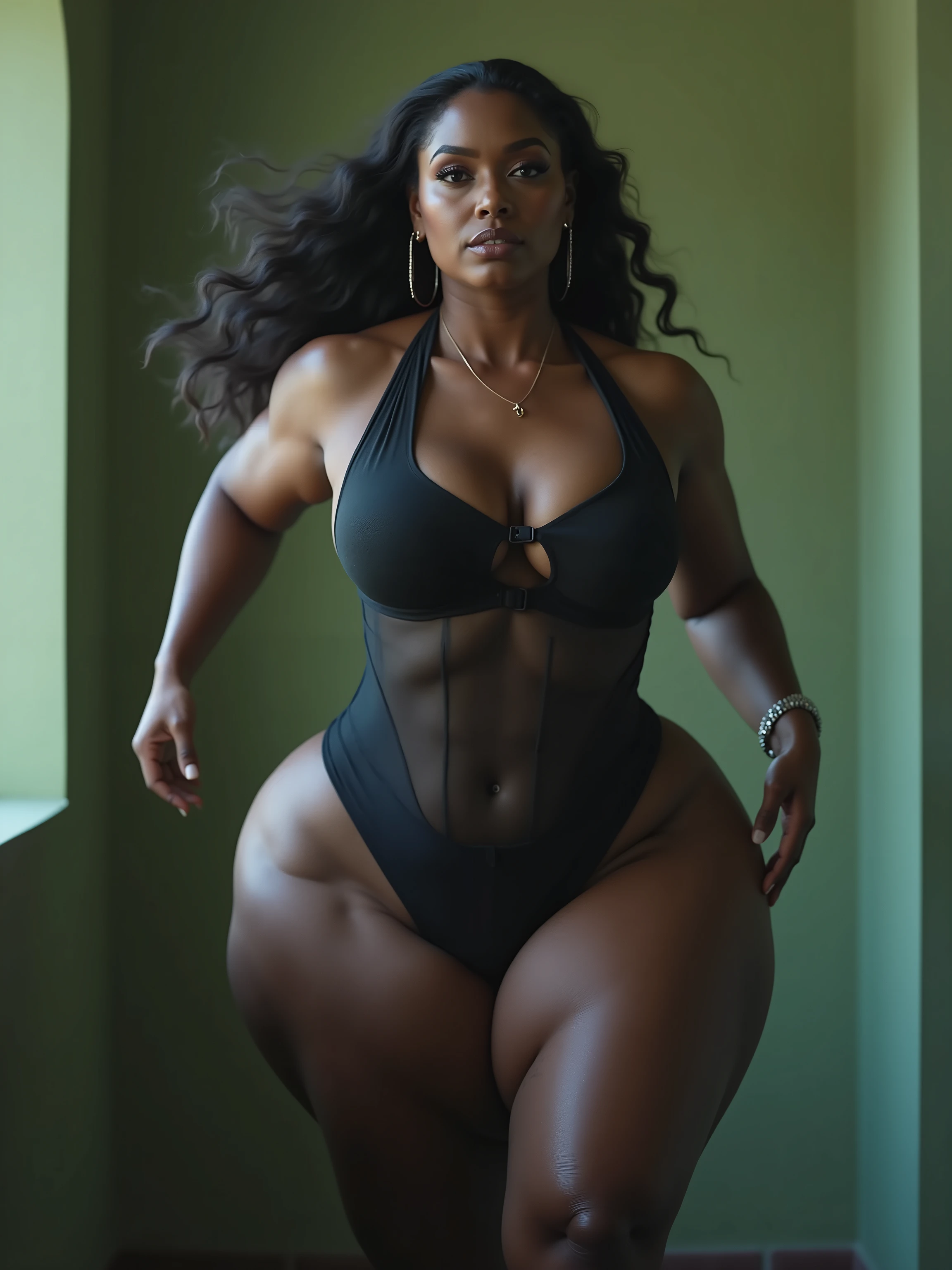 A body that looks like its clothes will burst with muscles,Create a high-resolution realist 3d image of a dark skin toned melanin elegant woman with a findom dominant and commanding persona and Prescence wearing luxurious attire, such as a tailored suits or designer dress, and posed in a confident stance. full body tall and plus size curvey body 5'9 265 lbs This mage should exude power, control, and sophistication, with a hint of mystery. the back ground is lavish hight rise office or a luxurious richly decotated tool reflecting wealth and power 