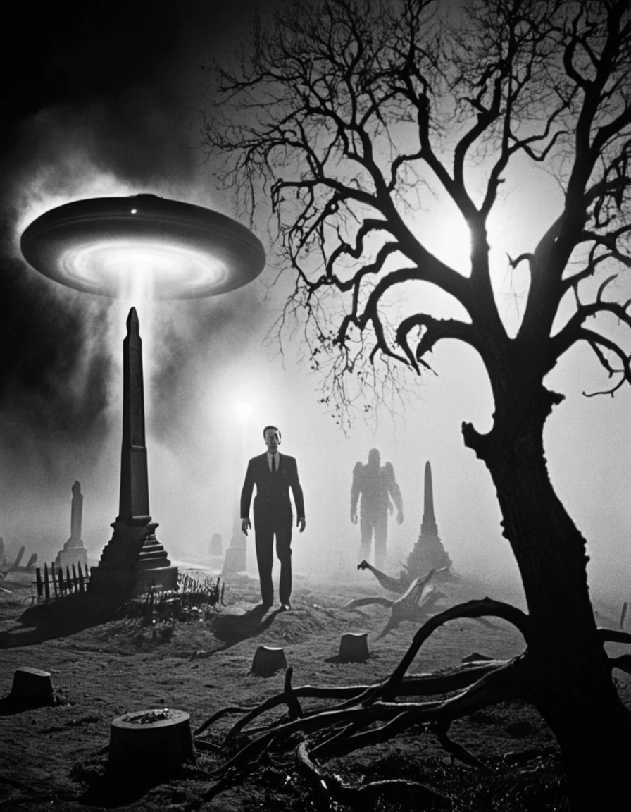 A desolate graveyard at midnight, illuminated by beams of light from multiple hovering flying saucers::1.5 in the sky. In the foreground, skeletal hands emerge from the dirt of several open graves::1.5, while a zombie in a torn suit stands stiffly, gazing upwards at the glowing UFOs. The flying saucers are circular with rotating neon lights and glowing undersides::1.5, casting bright beams onto the fog-covered ground. Twisted, gnarled trees frame the scene, their claw-like branches swaying in the wind. The entire composition is styled with high-contrast black-and-white film aesthetics, featuring dramatic shadows, eerie fog, and vintage sci-fi horror elements.