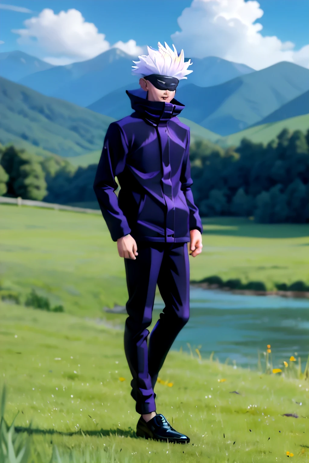 masterpiece, best quality, 1boy, gojou satoru, white hair, short hair, blindfold, black jacket, black pants, ,high collar, long sleeves, shoes, squatting, full body, solo, grass, blue sky, meadow background 