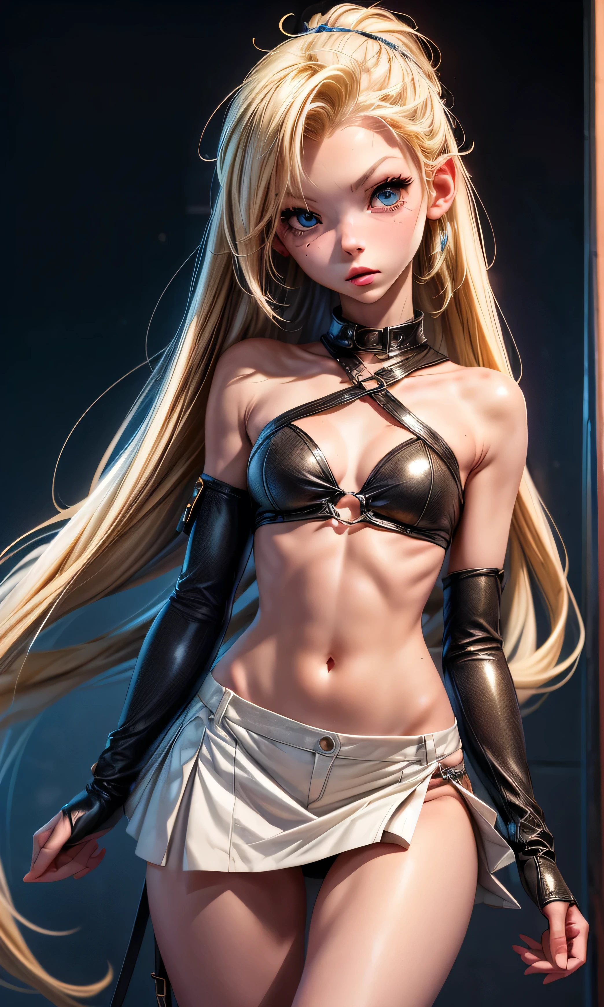 masterpiece, a girl, 12 años, thin and tall, beautiful, blue eyes, blonde hair, full body, flat chest, skinny, ropa de dormir, mangas, ropa de dormir color rosado, short, dark background, 