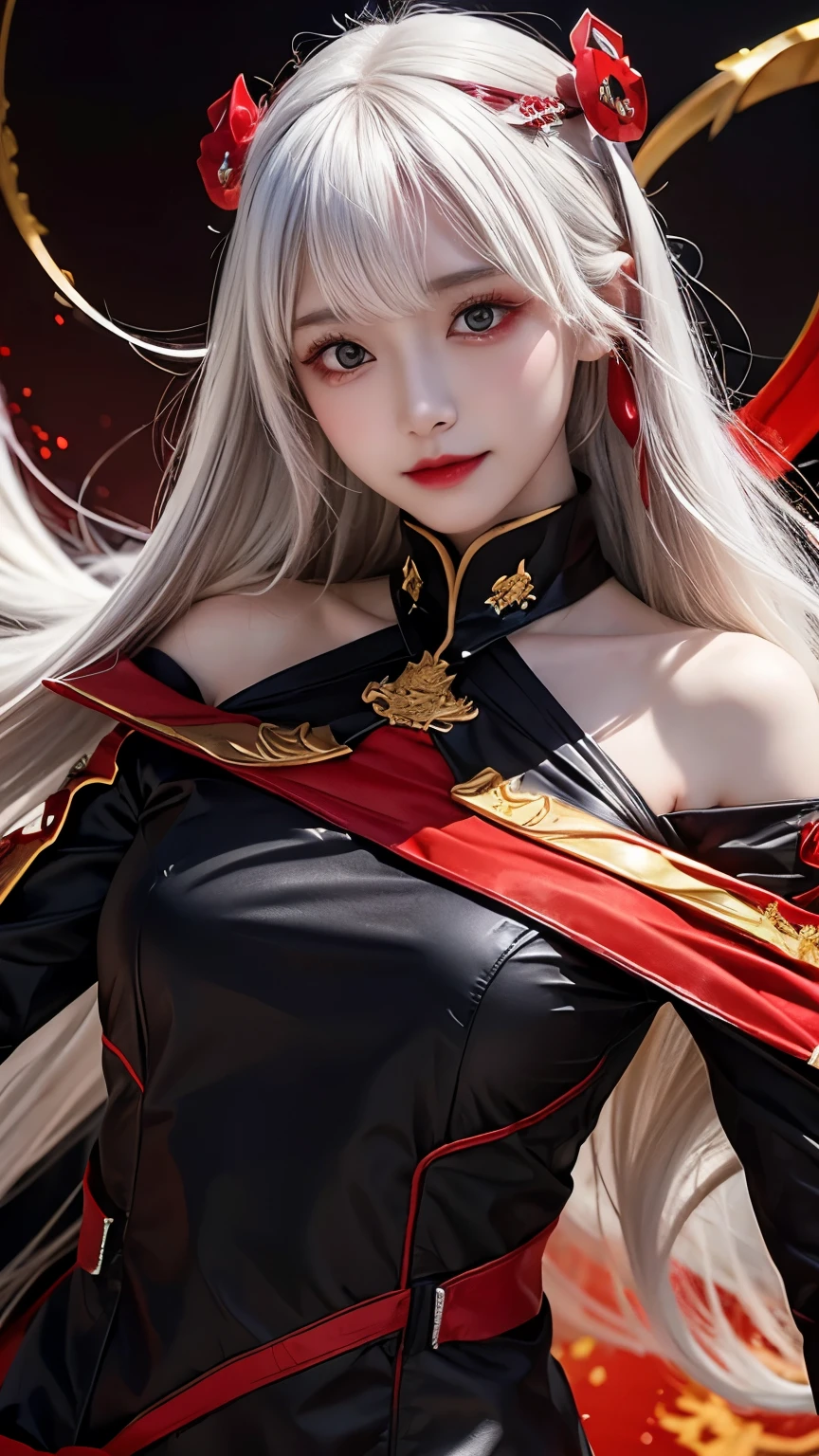 from above, high view shot, in the heart of Naruto shippuden world, a young sexy Kaguya Ōtsutsuki woman with a large and white style haircut, luminicent long hair, white skin, sexyaguya Ōtsutsuki clothes, white, red, gold and purple, magic chakra, serious. In a dark night with a full blood moon, with Ōtsutsuki symbols, black tattoos, sensual pose, chakra dust, creates an atmosphere of Naruto shippuden anime, energy and neon lights, neon red , neon purple. good quality eyes, white byakugan eyes, ultra detailed, red and purple, magic light effects, masterpiece, 4k, raytracing, medium body, close-up, high view, particles and hard blue-red neon lights, focus on red and white color
