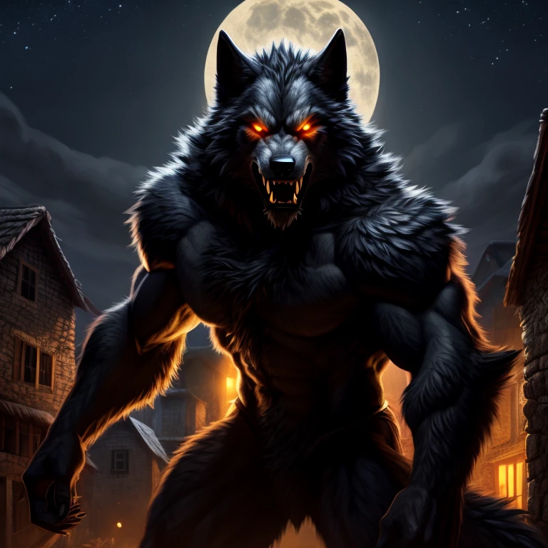 50 meter huge werewolf with a detailed black furred body and amber glowing eyes with, snarling, fangs, wolf tail, towering over the houses of a village, night time, portrait with shoulders and chest, semi side angle,