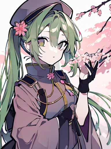 (( Masterpiece  )), ((( top quality))), (( very detailed )),  colorful , Pale green hair， high definition ,  1 girl, Alone,(( pink)), 千本cherry blossoms_( vocaloid ),   upper body,Golden Ratio，Japanese Yen ， Flower blowing snow，cherry blossoms，