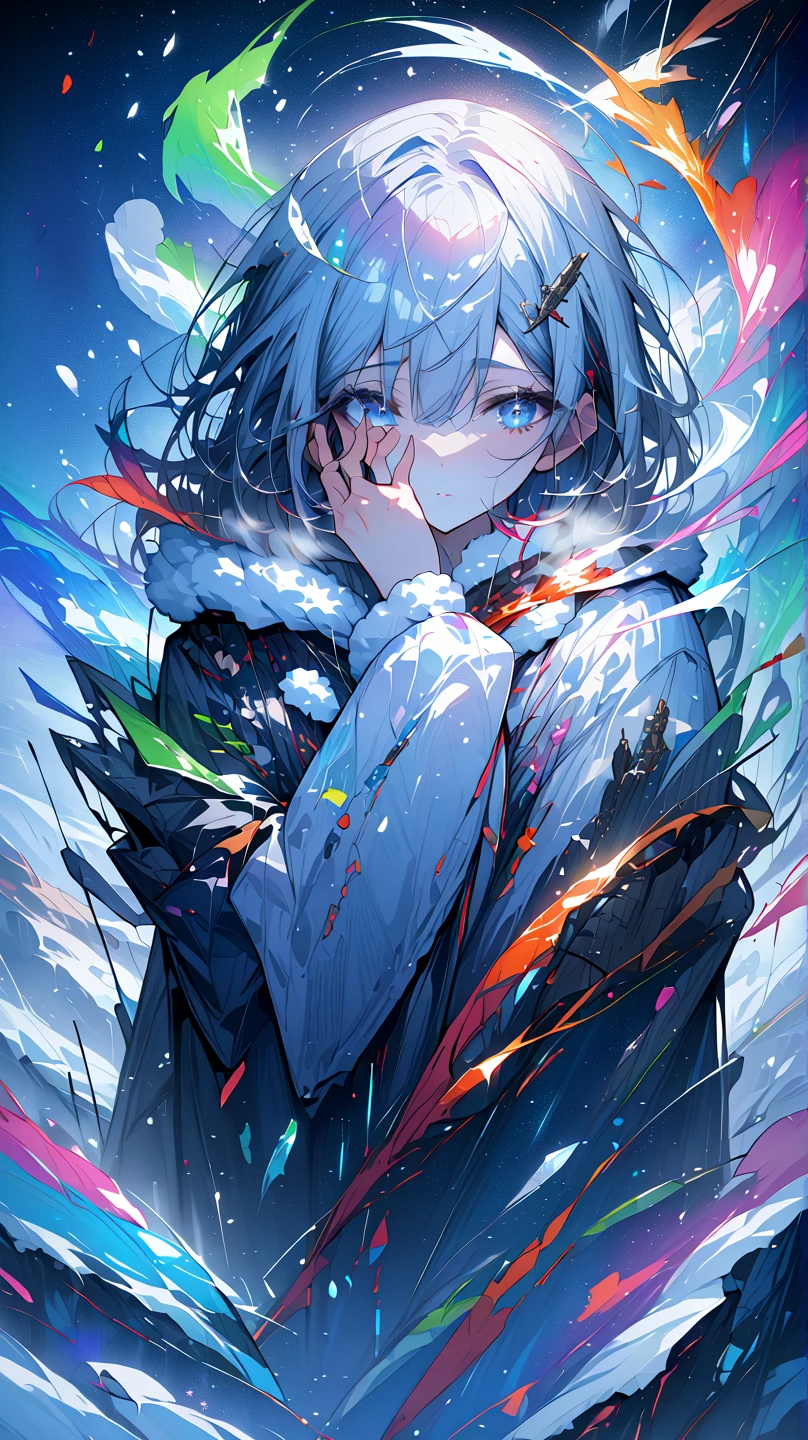 ( Masterpiece  ), ( top quality), ( super detailed), girl、In the snow、 Aurora、 hands in front of your face and blow in front of your face, centering on your body、White breath is leaking、 full body is shown、Put your 、Beautiful background