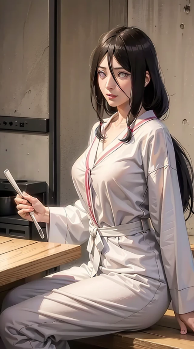 hyuuga hanabi, long hair tied low, hair band, hana purple eyes, beautiful, beautiful woman, perfect body, perfect breasts, wearing white pajamas, pajamas, sleepwear, in the kitchen, clear kitchen, looking at the audience, a slight smile, realism, masterpiece , textured leather, super detail, high detail, high quality, best quality, 1080p, 16k