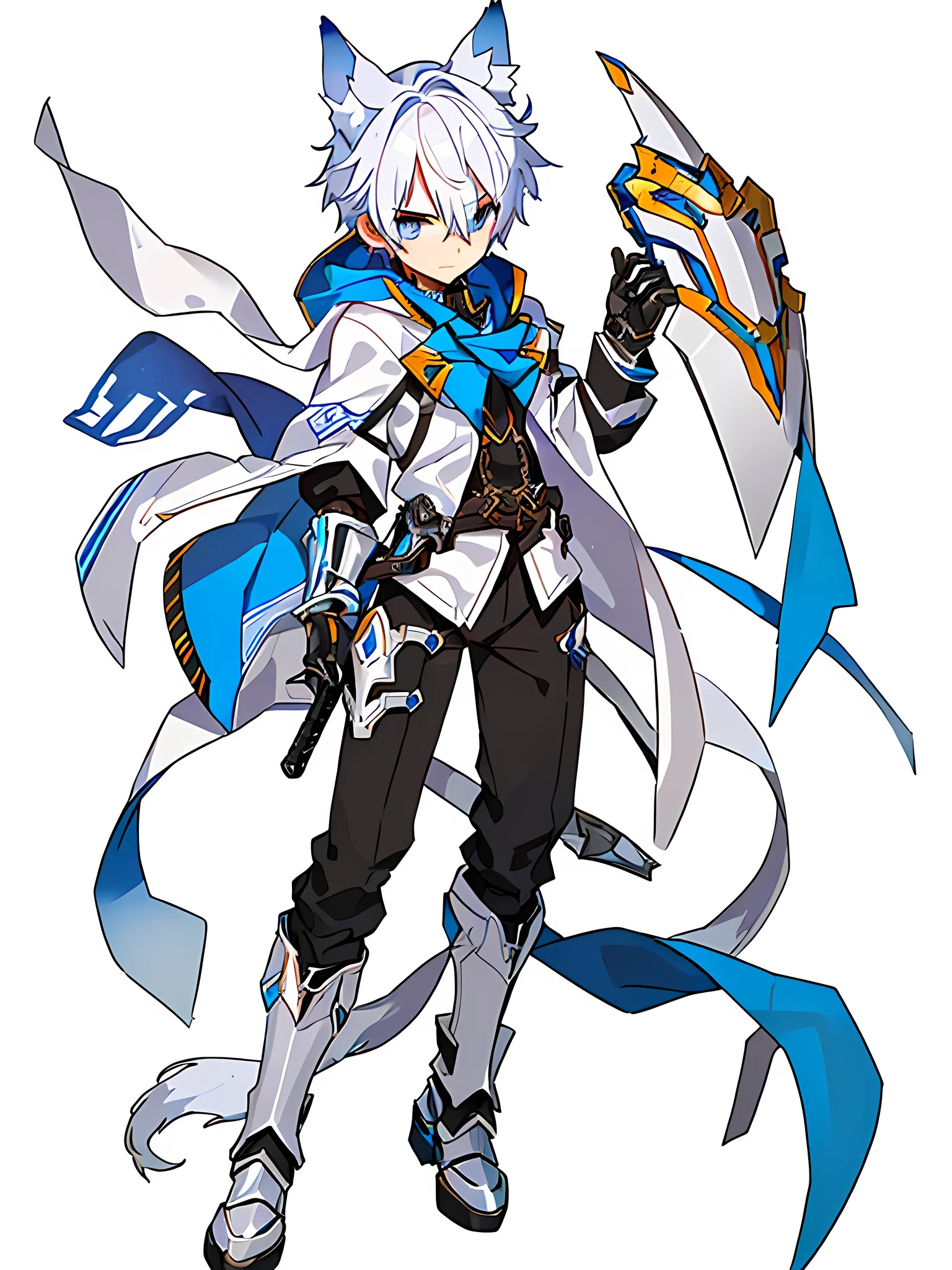 Game CG， 8K quality ，((ONE boy))，hood ， anime male protagonist ， Wolf Ear，Tail，Handsome Face ，head mounted display， Silver White and Sky Blue Dye，Full Body Mechanical Armor，Jumpsuit，Mechanical gloves， mechanical combat boots ，Full body portrait， No Background ，Mechanical Sword 
