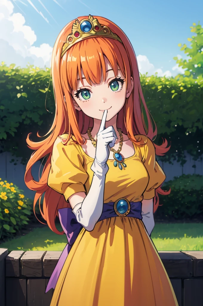  Masterpiece  ,  top quality, dq roller,  orange hair,  tiara ,  Necklaces , yellow dress, elbow gloves,  Cowboy Shots,  watch viewers, city, garden, null, spring, smile 