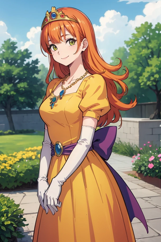  Masterpiece  ,  top quality, dq roller,  orange hair,  tiara ,  Necklaces , yellow dress, elbow gloves,  Cowboy Shots,  watch viewers, city, garden, null, spring, smile 