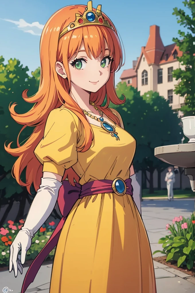  Masterpiece  ,  top quality, dq roller,  orange hair,  tiara ,  Necklaces , yellow dress, elbow gloves,  Cowboy Shots,  watch viewers, city, garden, null, spring, smile 