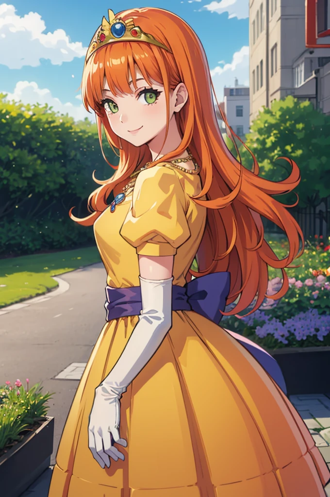  Masterpiece  ,  top quality, dq roller,  orange hair,  tiara ,  Necklaces , yellow dress, elbow gloves,  Cowboy Shots,  watch viewers, city, garden, null, spring, smile 