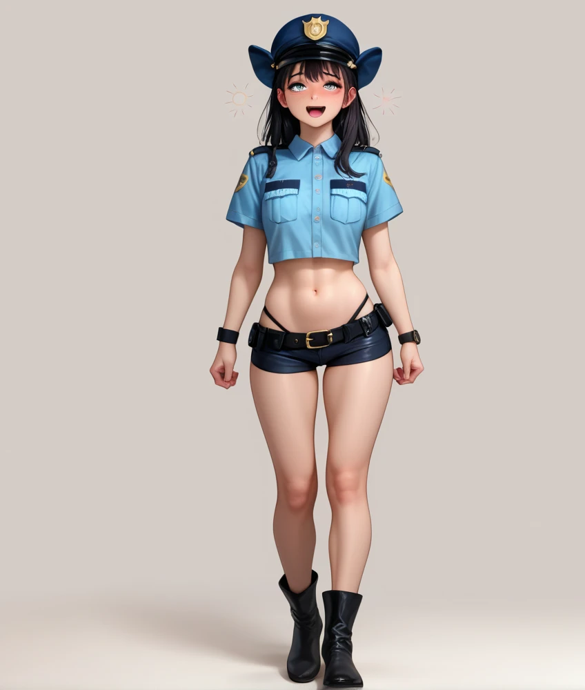 Japanese female police officers, black hair,Large round eyes , slender body , black short sleeve police shirt, black hotpants standing on the right ,black police belt , black short boots , Wrist Watch ,Navel exposed,Drunk,hiccup, Full Body Shot , open your eyes,Standing Drunk , super high resolution,24K, Unmanned White Background 