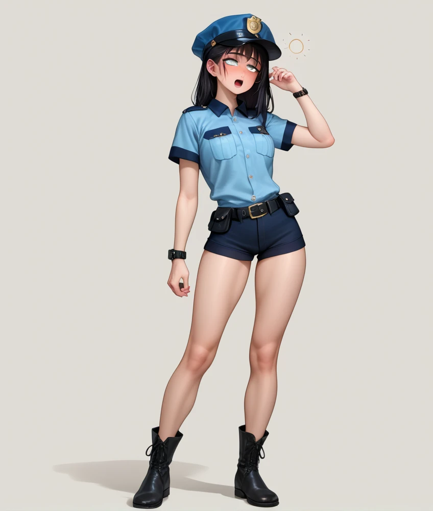 Japanese female police officers, black hair,Large round eyes , slender body , black short sleeve police shirt, black hotpants standing on the right ,black police belt , black short boots , Wrist Watch ,Navel exposed,Drunk,hiccup, Full Body Shot , open your eyes,Standing Drunk , super high resolution,24K, Unmanned White Background 