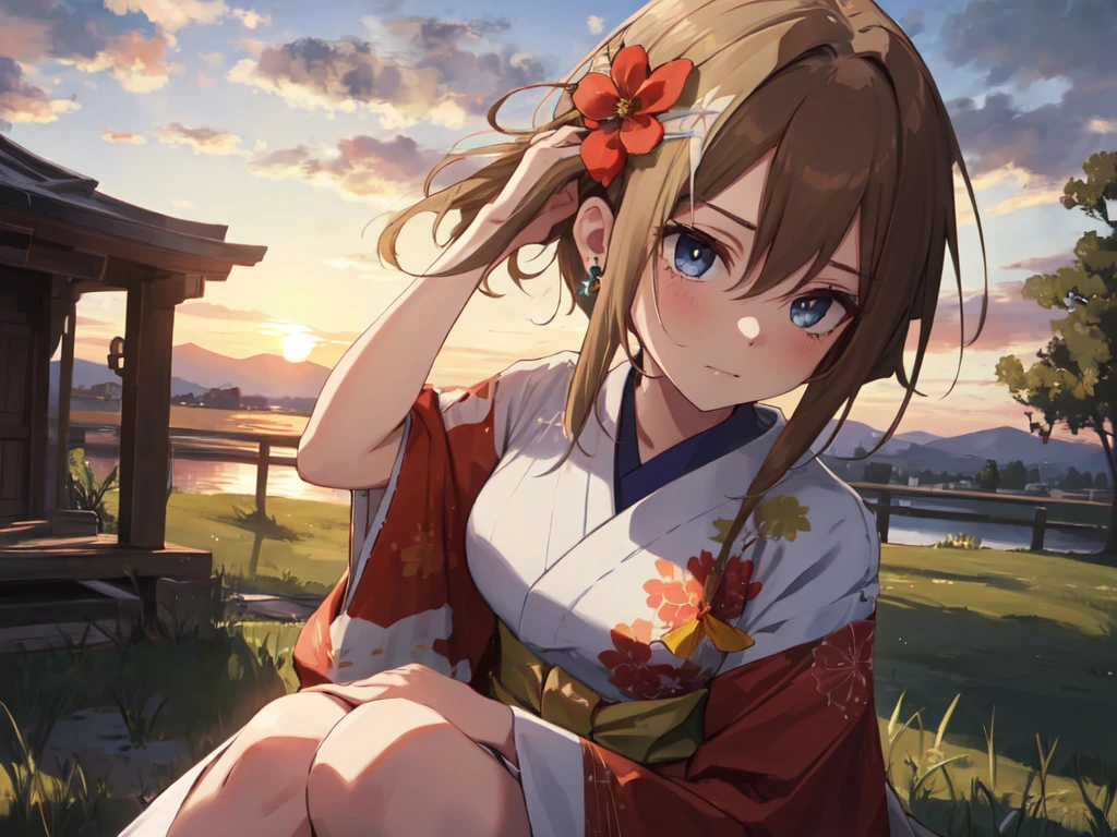 Solo, 1 Girl, (Human Ear, Earring), (Long Hair, Hair Accessory), (Anime Face), (Woman Sitting, Hands on Head), (Red and White Shrine Maiden Outfit), (Sunset Sky, Sunset Sun, Evening Sky), (Focus on Chest, Oblique Angle), (High Resolution, Masterpiece, Accurate, Anatomically Correct, Multiple Awards, Top Quality, Detailed, High Quality Model, High Quality, Quality, Retina, Highly Detailed, Textured Skin, Ultra High Resolution).