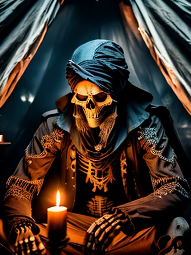 skeleton marabout in a tent, sitting cross-legged shadows, candles, smoke, smoking pipe, high contrast, turbin,dark tone colored clothing.