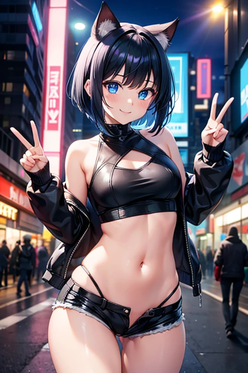 4K quality,incredibly cute, blue eyes, with black hair, 18-year-old female, solo, small , kitten ears, iridescent crop top , tight shorts showing , short hair to be shouldered, hair bangs, fringe, smile, blurry background, night time, street scene, led rave lighting, cyberpunk, she is smiling seductively, peace sign,  pose, 