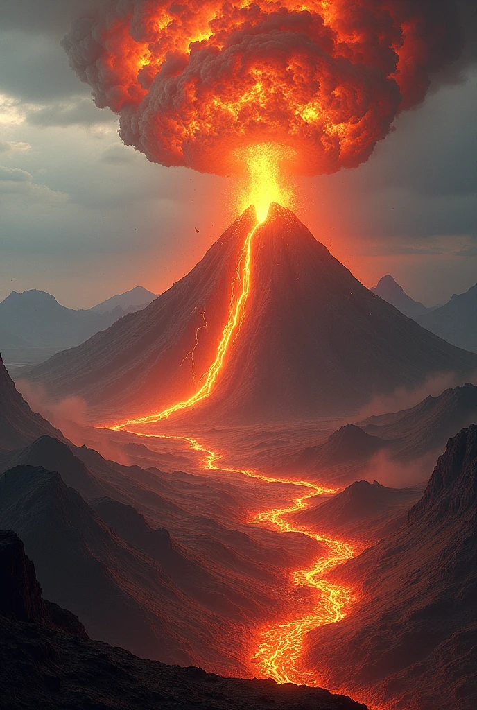 Overlooking a suspended island erupting from a volcano,Turbulent red waves,Red Sea,Golden glowing crystal,Magma erosion,Thundercloud lightning,Dark clouds at night,Realistic game artwork,large scene,Wide-angle perspective