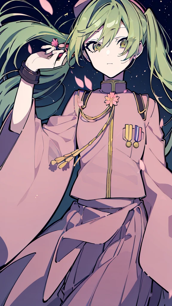 ((  Masterpiece    )), ((( top quality))), ((  very detailed )),   colorful  , Light green hair，  is high definition ,   1 girl, Alone,((  pink)), 千本cherry blossoms_(  vocaloid  ),    upper body,Golden Ratio， ，  Flower blowing snow ，cherry blossoms，