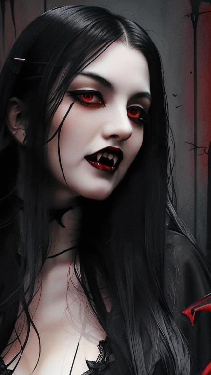 evang. watercolour and ink style, full length portrait. realistic. In a gothic horror setting, a (mysterious (female (vampire))), (long (black hair)), (mouth open:1.2), (fangs:1.5), cleavage, red eyes. lacy gothic aesthetics. seductive.  black and vermilion