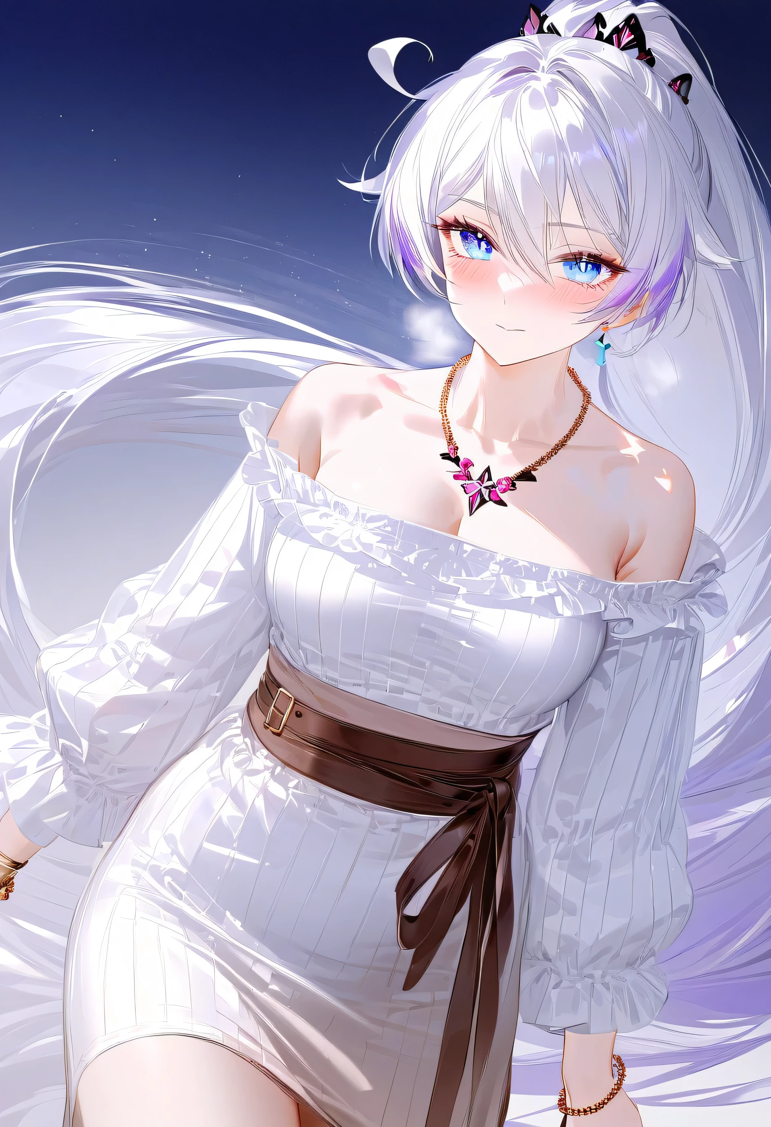 RAR, score_9, score_8_up, score_7_up, masterpiece, best quality, absurdres, vibrant, highly detailed, 1girl, adult grown woman, kiana kaslana \(honkai impact 3rd\), herrscher of finality, white hair, ahoge, ponytail, very long hair, blue eyes, symbol-shaped pupils, blush, heavy breathing, closed mouth, modern casual outfit, off-shoulder white blouse with flared sleeves, light blue asymmetrical skirt with vertical stripes, wide brown leather belt with metallic buckle, minimalist gold necklace, simple pearl bracelet, delicate and understated accessories, walking, outdoor, night time, full moon