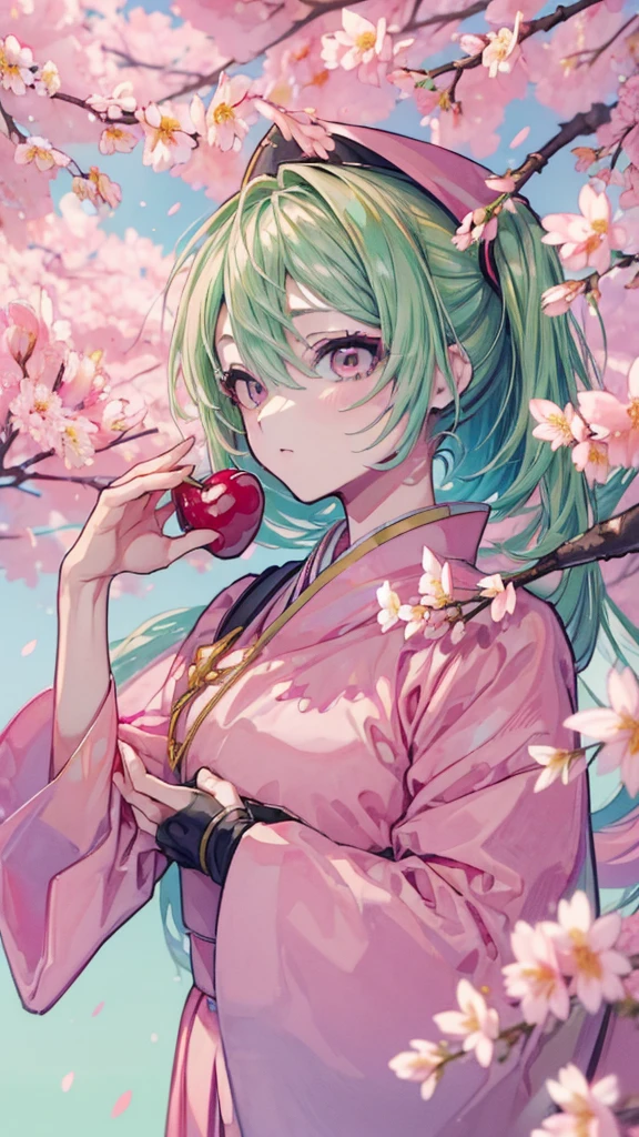 ((  Masterpiece    )), ((( top quality))), ((  very detailed )),   colorful  , Light green hair，  is high definition ,   1 girl, Alone,((  pink)), 千本cherry blossoms_(  vocaloid  ),    upper body,Golden Ratio， ，  Flower blowing snow ，cherry blossoms，