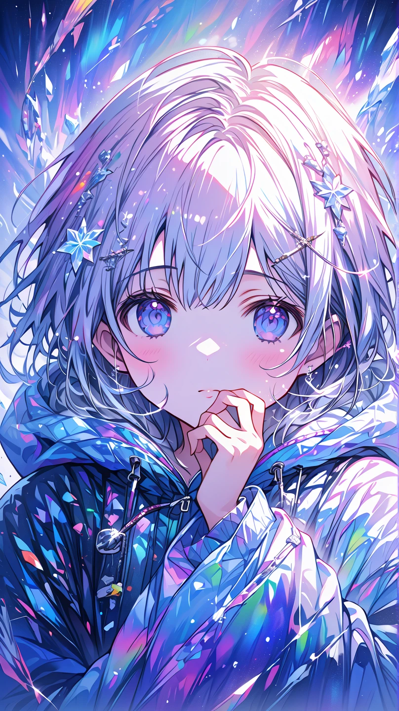 ( Masterpiece  ), ( top quality), ( super detailed), girl、In the snow、 Aurora、 hands in front of your face and blow in front of your face, centering on your body、White breath is leaking、 full body is shown、Put your 、beautiful colorful background