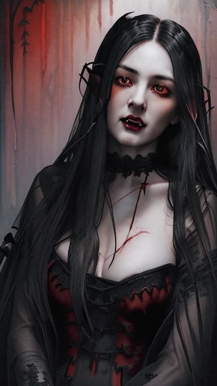 evang. watercolour and ink style, full length portrait. realistic. In a gothic horror setting, a (mysterious (female (vampire))), (long (black hair)), (mouth open:1.2), (fangs:1.5), cleavage, red eyes. lacy gothic aesthetics. seductive.  black and vermilion