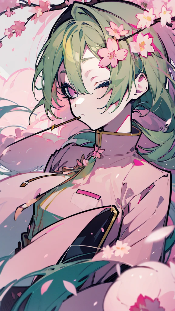 ((  Masterpiece    )), ((( top quality))), ((  very detailed )),   colorful  , Light green hair，  is high definition ,   1 girl, Alone,((  pink)), 千本cherry blossoms_(  vocaloid  ),    upper body,Golden Ratio， ，  Flower blowing snow ，cherry blossoms，