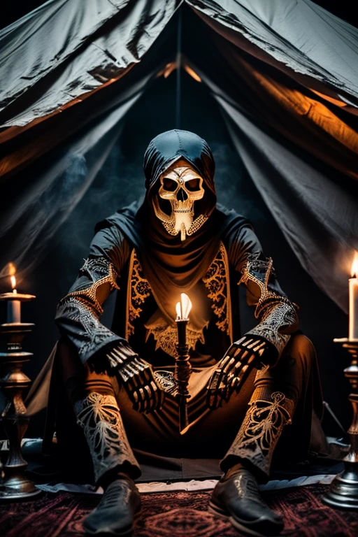 skeleton marabout in a tent, sitting cross-legged shadows, candles, smoke, smoking pipe, high contrast, turbin,dark tone colored clothing.