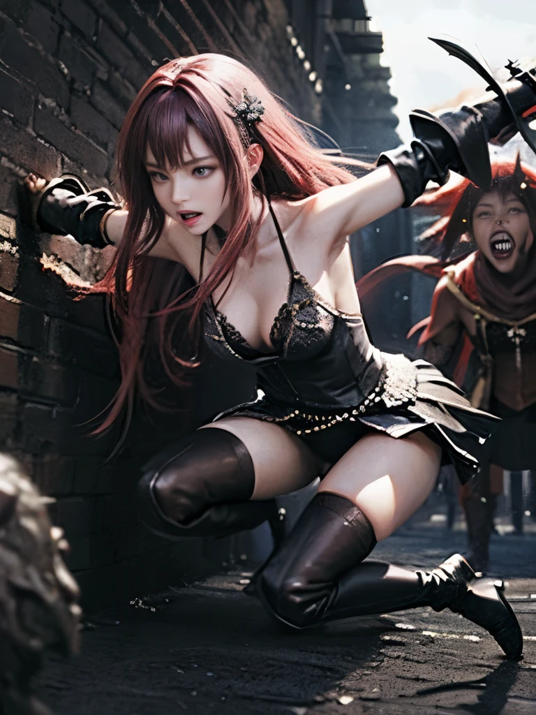 top quality、torture、 slave、restrict、Bondage、Caught by a bunch of monsters 、Surrounded by monsters、、 beautiful woman with very long reddish pink hair caught by her tentacles( messy hair )、white see-through celtic dress 1:5(Small breasts、 deep v-neck、Sleeveless、No elbow pads、Beautiful woman with very long purple hair 、Deep slit、 Fine Enough to See Through Skin 、feather-shaped skirt、 sexy)、 White Armor Boots、 Tears overflow 、 frightened expression 、run away、attacked by many monsters 1:5、 many ferocious monsters 1 :5、 monsters grab arms . Monster Attacked from behind 、 monsters grab legs 、 horde of monsters 1 :5、Midnight、 Darkness、 Different Worlds 、dungeons、Dark fantasy、Pitch Black Hell