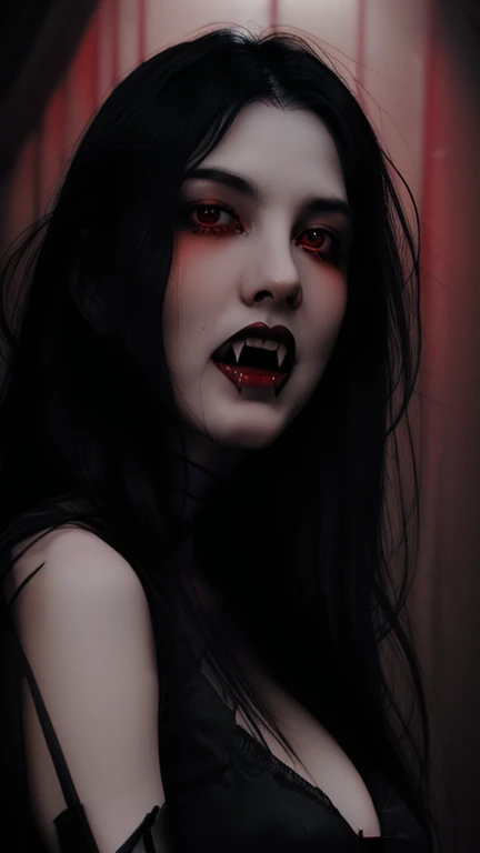 evang.  full length portrait. realistic. In a gothic horror setting, a (mysterious (female (vampire))), (long (black hair)), (mouth open:1.2), (fangs:1.5), cleavage, red eyes. lacy gothic aesthetics. seductive.  black and vermilion