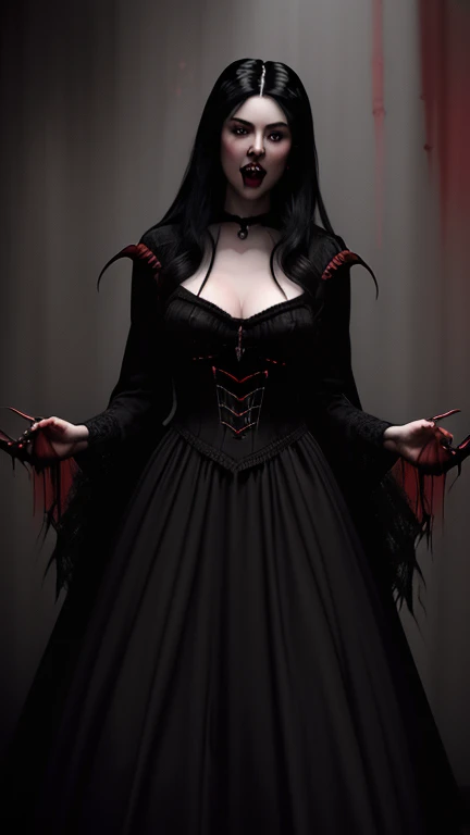 evang.  full length portrait. realistic. In a gothic horror setting, a (mysterious (female (vampire))), (long (black hair)), (mouth open:1.2), (fangs:1.5), cleavage, red eyes. lacy gothic aesthetics. seductive.  black and vermilion