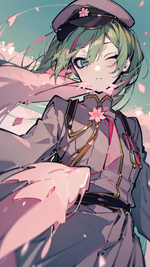 ((  Masterpiece    )), ((( top quality))), ((  very detailed )),   colorful  , Light green hair，  is high definition ,   1 girl, Alone,((  pink)), 千本cherry blossoms_(  vocaloid  ),    upper body,Golden Ratio， ，  Flower blowing snow ，cherry blossoms， winks