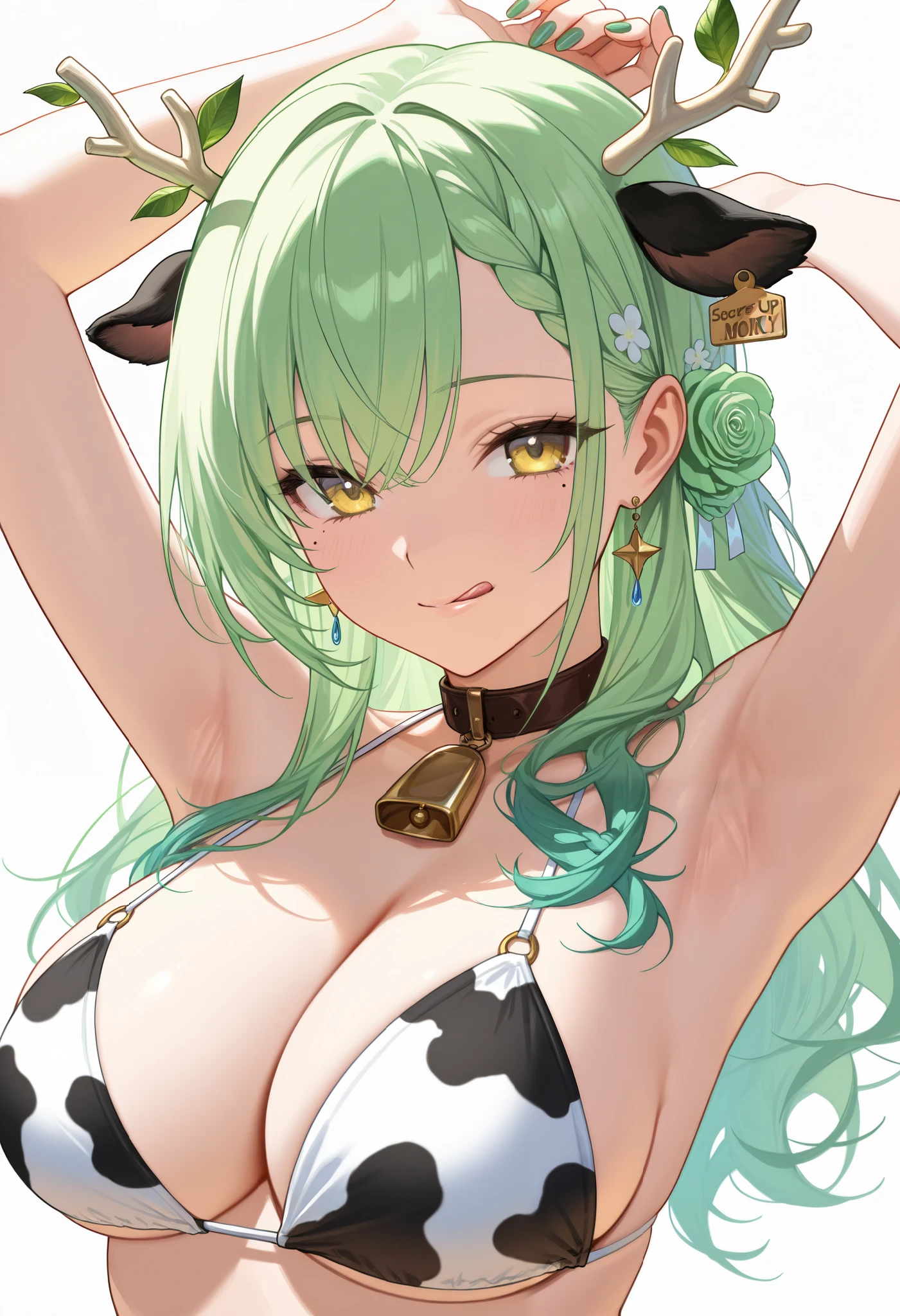 (masterpiece, best quality, high quality, highres, ultra-detailed), 1girl,  source anime, 1girl, solo, cow priny bikini, long hair, antlers, cow ears, braided bangs,  jewelry, green nails, mole under eye, light smile, milf, green rose, upper body, arms up, armpit focus, looking at viewer, licking lips, simple background
