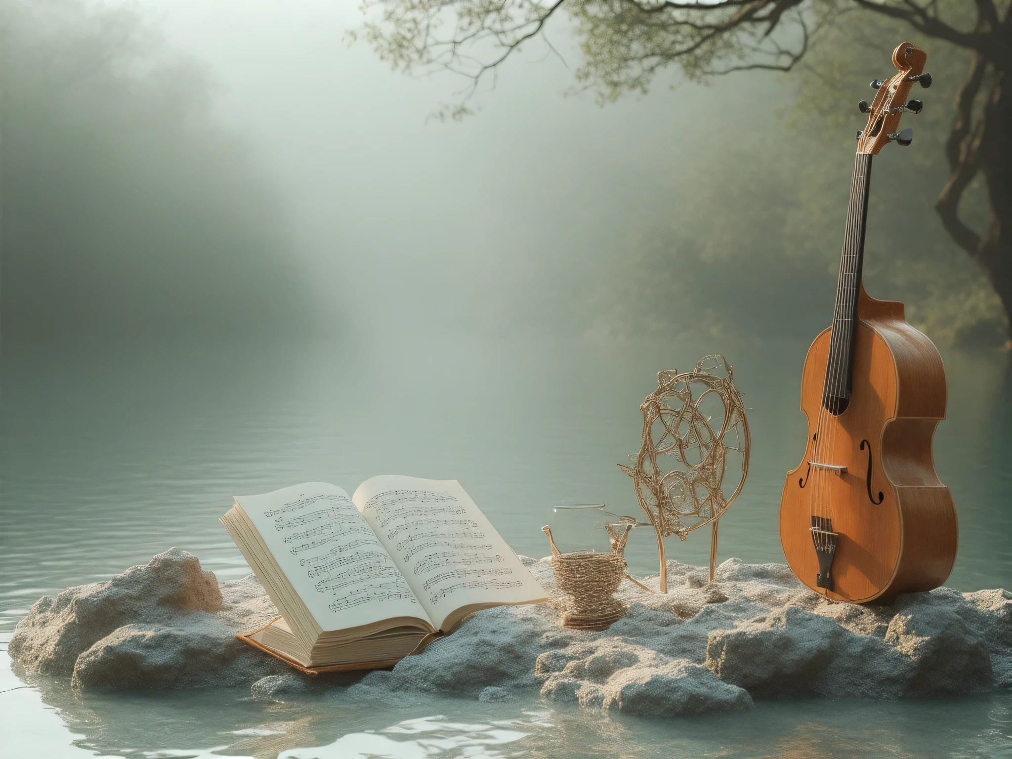  create a cover image for my youtube video .  create a suitable image for an ambiance channel that calls for calm and peaceful songs. with musical instruments 