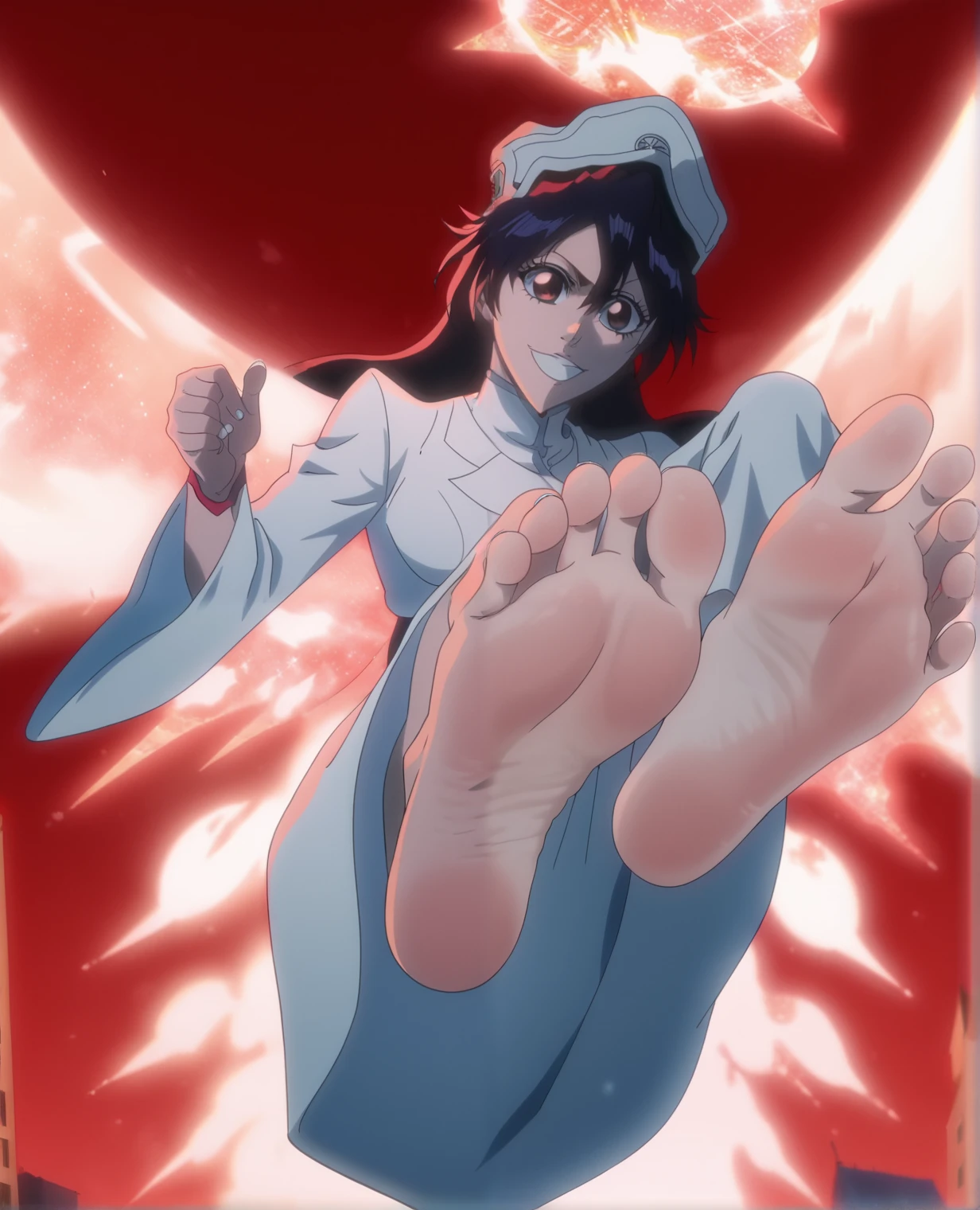 Score_9, score_8_up, source_anime, 1girl, Bambietta Basterbine, Bleach, big eyes, alone, looking at viewer, in the city, floating in the sky, night, red sky, white miniskirt, lifting legs to show her soles, cowboy shot, ANIME SCREENCAP, anime coloring, barefoot, perfect feet, anatomically correct, soles, focal length 35mm, each foot has five toes, front, symmetrical soles, foot focus, flirty gaze, flirty smile, white nail polish, from above