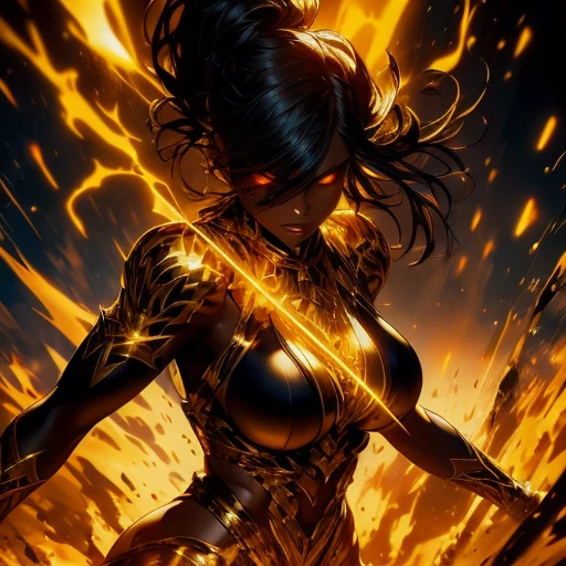 Dark humanoid with rocky and black arms with cracks energized with red energy. Fundo vermelho sangrento.