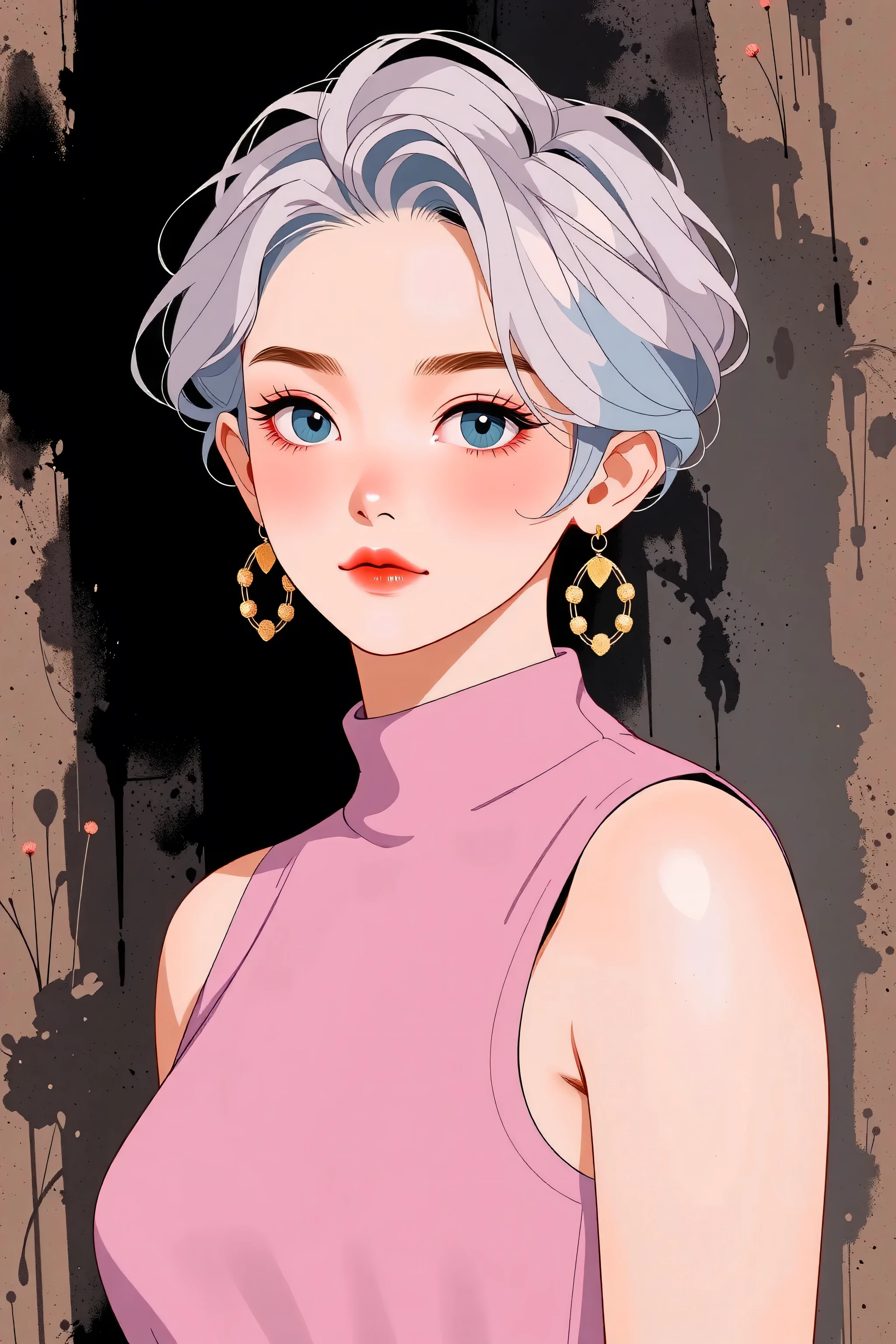 generates a real front image of a Korean girl with short, spiky hair, some pink locks and metal style, big breasts, cleavage, tight pink tanktop, black background