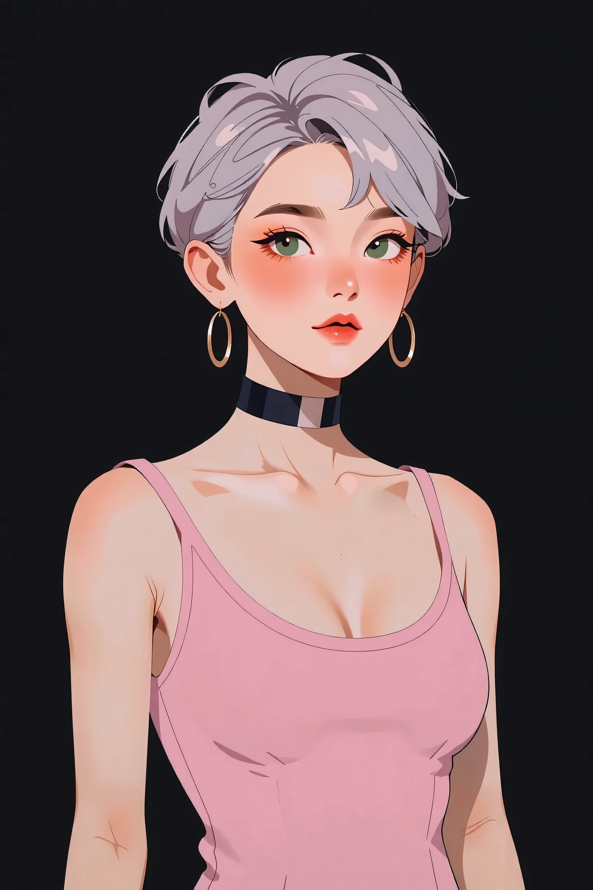 generates a real front image of a Korean girl with short, spiky hair, some pink locks and metal style, big breasts, cleavage, tight pink tanktop, black background