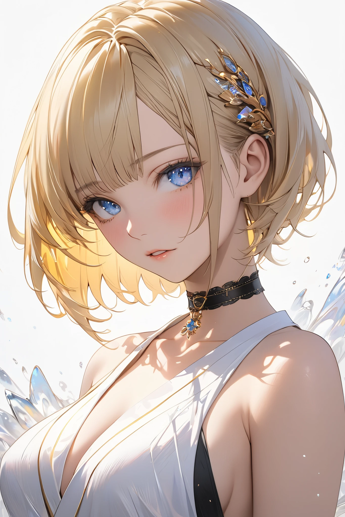 face details,semi realistic, Masterpiece, Master work, perfect , 4k, 1woman, medium size breast, short hair, middle parted hair style, yellow colored hair, bright blue eyes, sleepy expression face, parted lips, choker,wearing open kimono, sideboob, sleeveless, collarbone, standing pose, empty background, white background, high res, ultrasharp, 8K, masterpiece, looking at the viewer (masterpiece), best quality, expressive eyes, perfect face