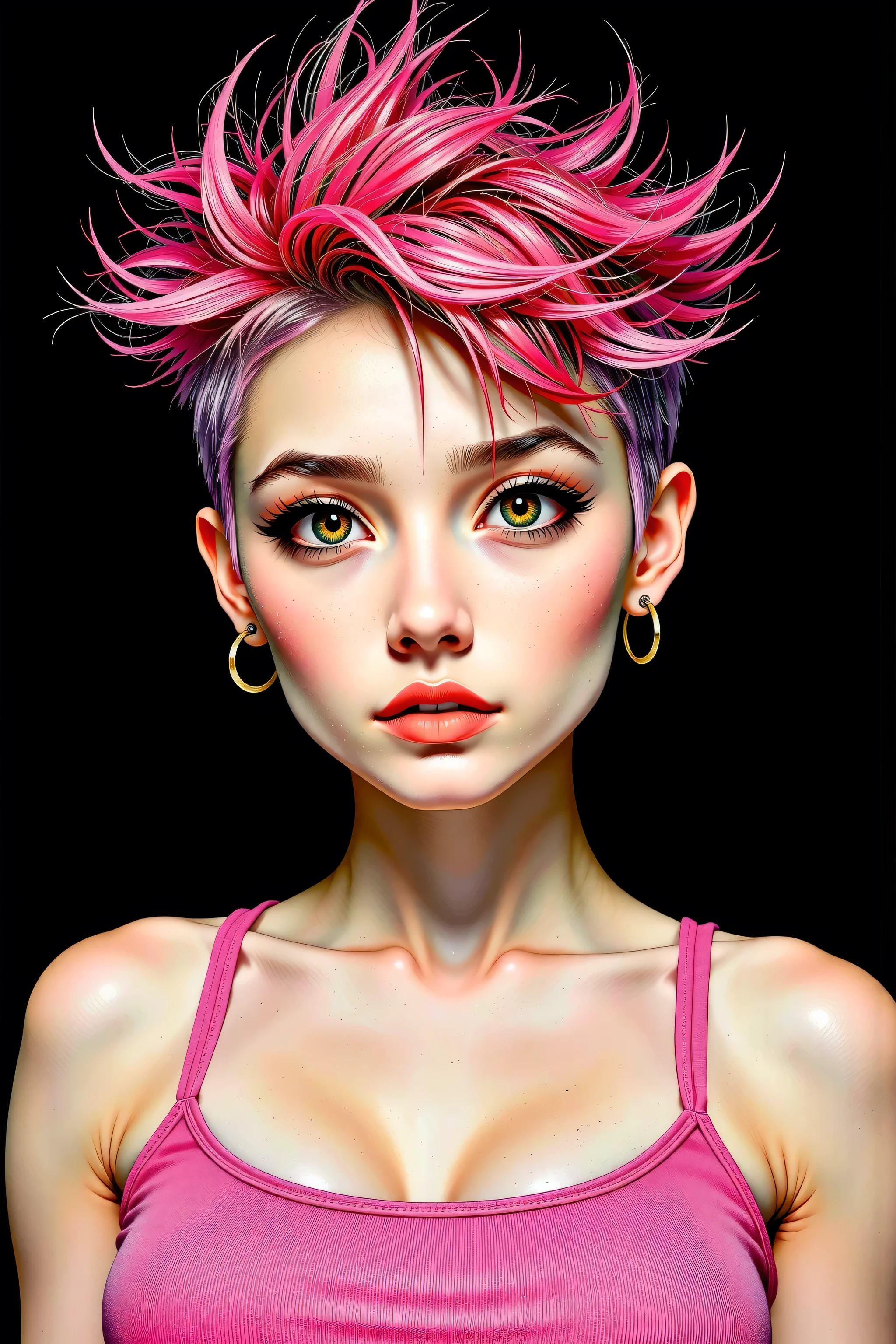 generates a real front image of a teenage Korean girl with short, spiky hair, some pink locks and metal style, big breasts, cleavage, tight pink tanktop, black background