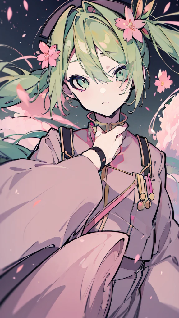 ((  Masterpiece    )), ((( top quality))), ((  very detailed )),   colorful  , Light green hair，  is high definition ,   1 girl, Alone,((  pink)), 千本cherry blossoms_(  vocaloid  ),    upper body,Golden Ratio， ，  Flower blowing snow ，cherry blossoms， winks