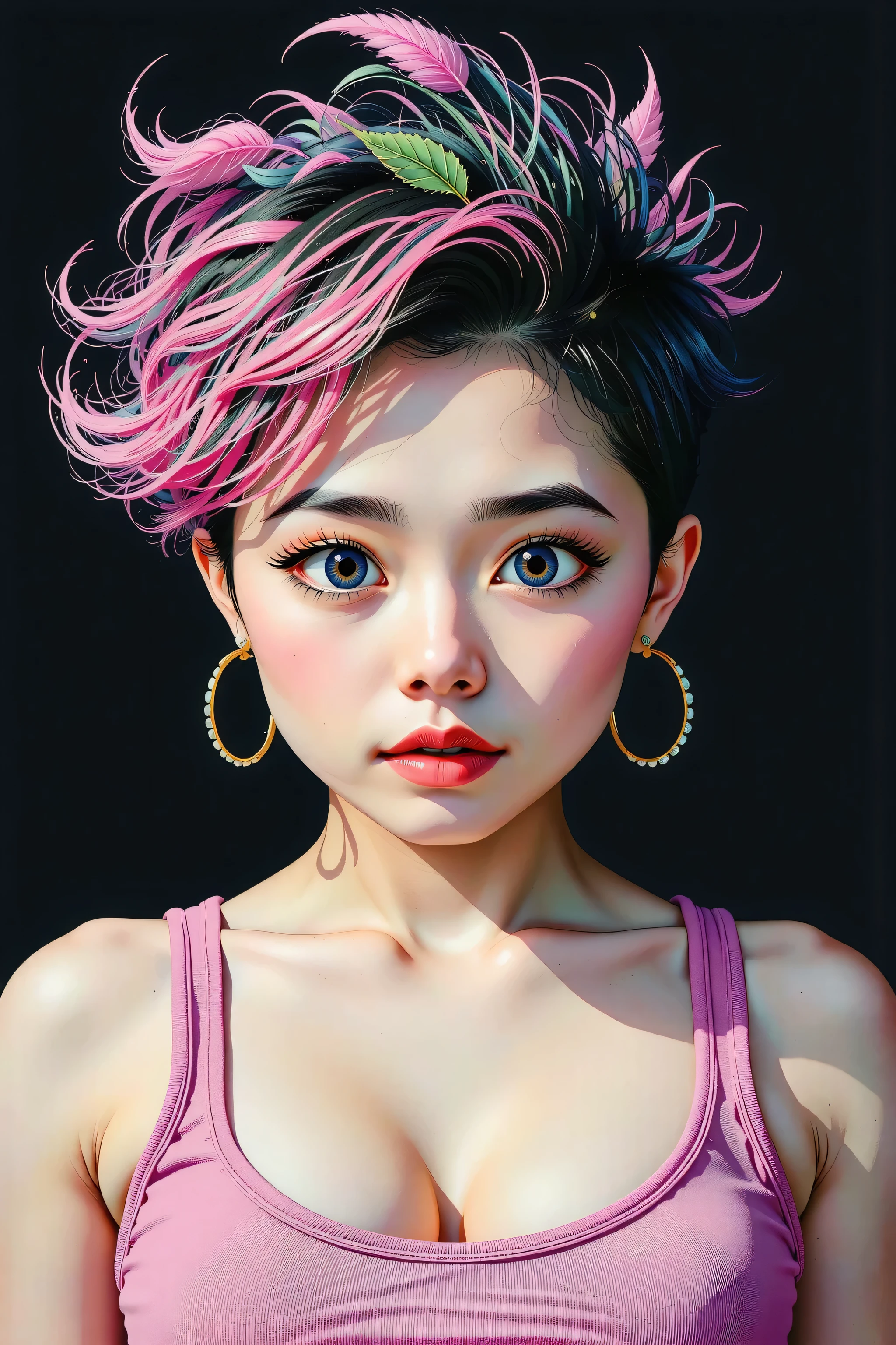 generates a real front image of a Korean girl with short, spiky hair, some pink locks and metal style, big breasts, cleavage, tight pink tanktop, black background