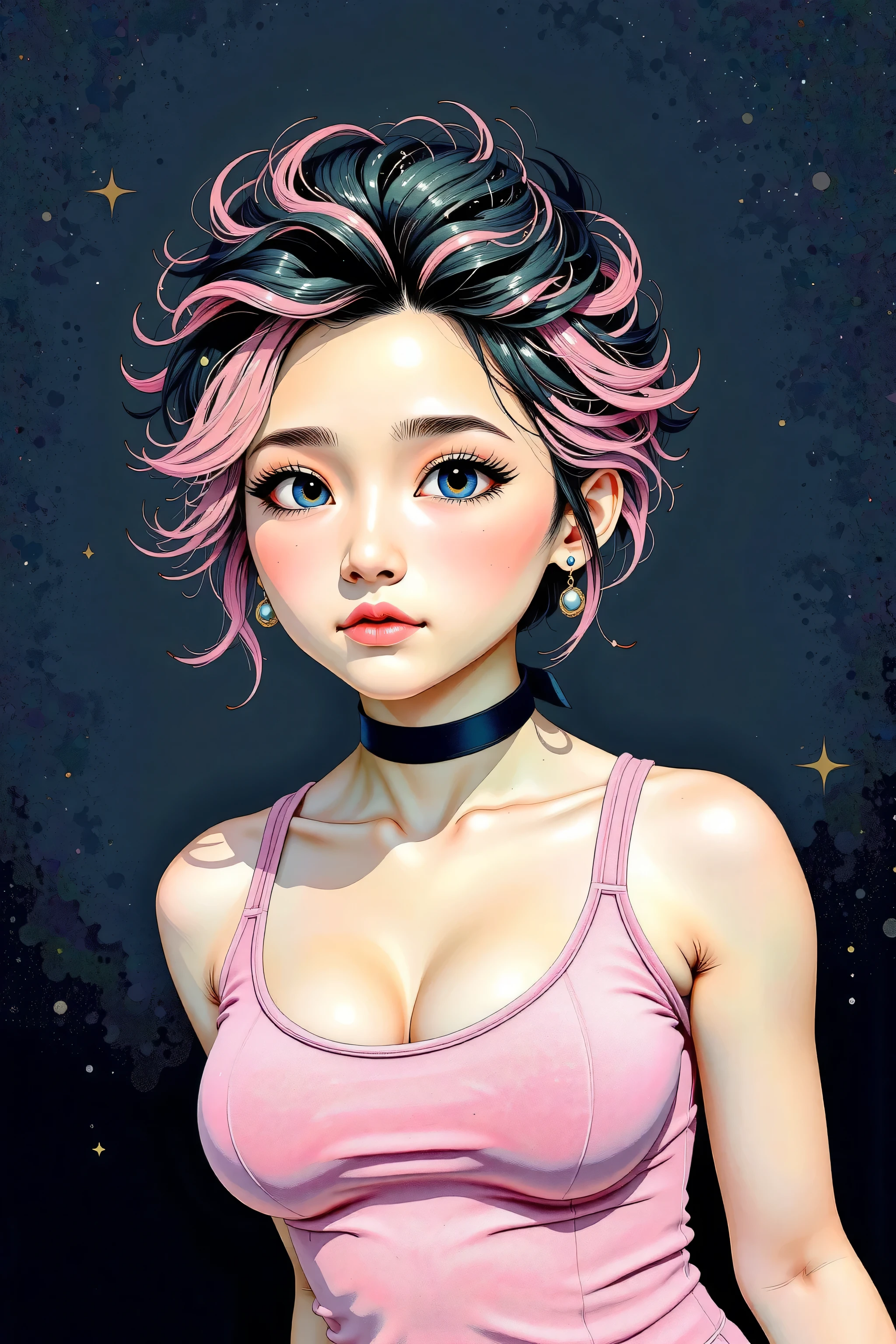 generates a real front image of a teenage Korean girl with short, spiky hair, some pink locks and metal style, big breasts, cleavage, tight pink tanktop, black background