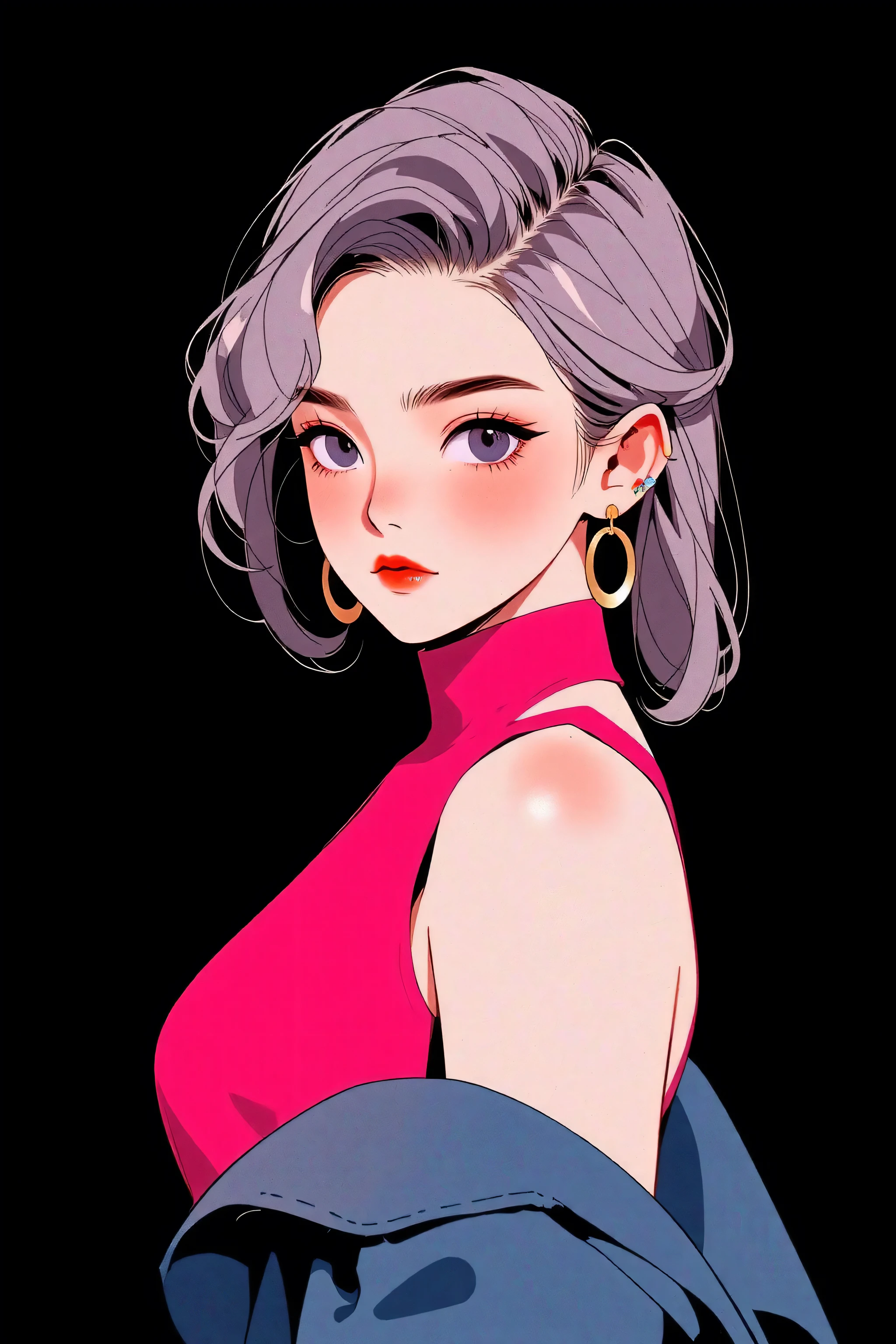 generates a real front image of a  Korean girl with short, spiky hair, some pink locks and metal style, big breasts, cleavage, tight pink tanktop, black background